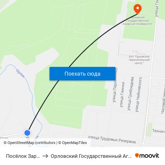 Посёлок Зареченский to Орловский Государственный Аграрный Университет map