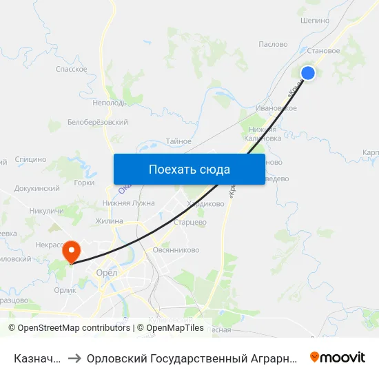 Казначеево to Орловский Государственный Аграрный Университет map