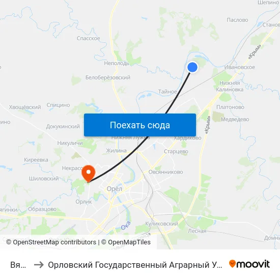 Вязки to Орловский Государственный Аграрный Университет map