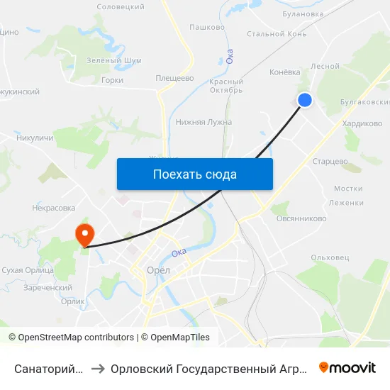 Санаторий Лесной to Орловский Государственный Аграрный Университет map