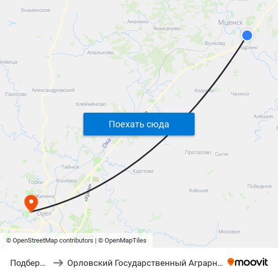 Подберёзово to Орловский Государственный Аграрный Университет map