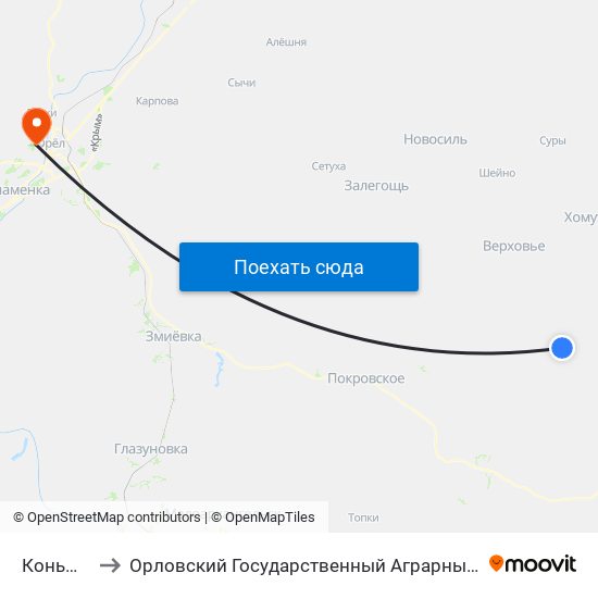 Коньшино to Орловский Государственный Аграрный Университет map