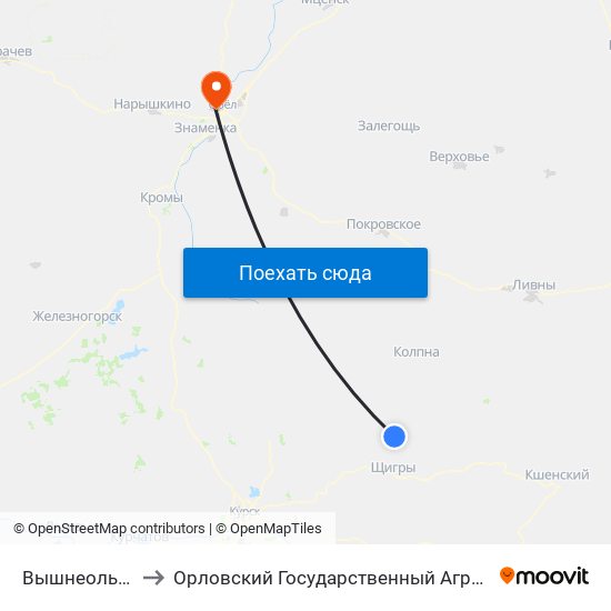 Вышнеольховатое to Орловский Государственный Аграрный Университет map