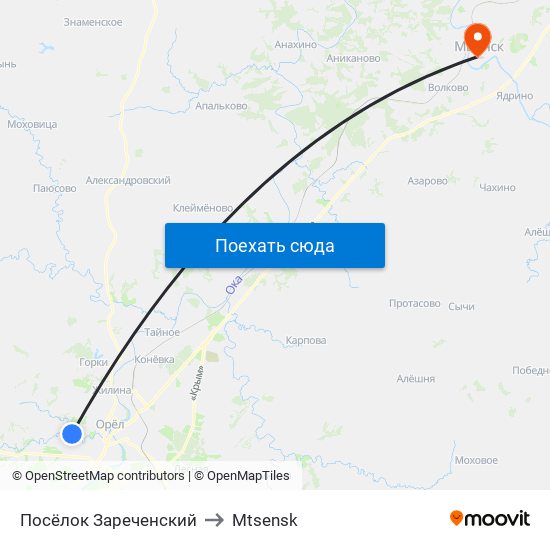 Посёлок Зареченский to Mtsensk map