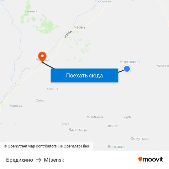 Бредихино to Mtsensk map