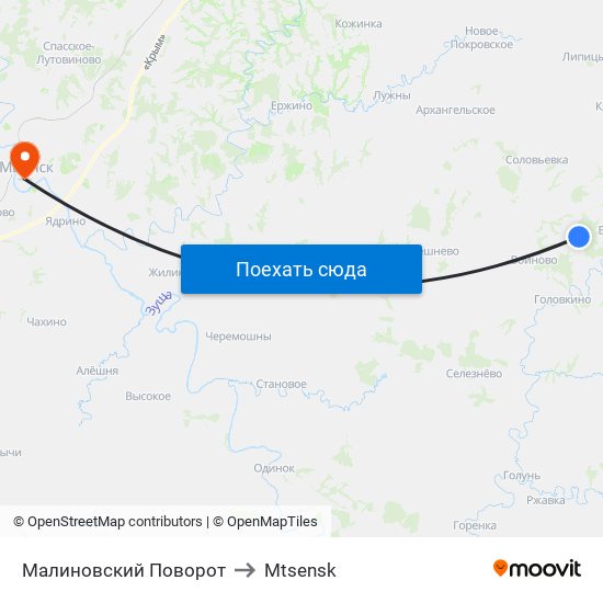 Малиновский Поворот to Mtsensk map