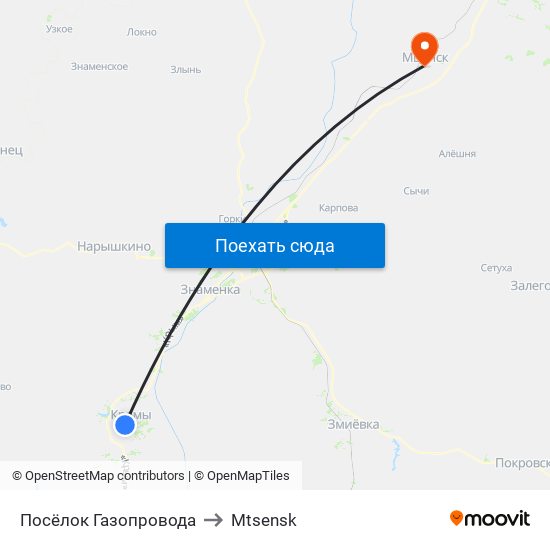 Посёлок Газопровода to Mtsensk map