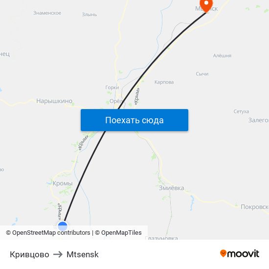 Кривцово to Mtsensk map