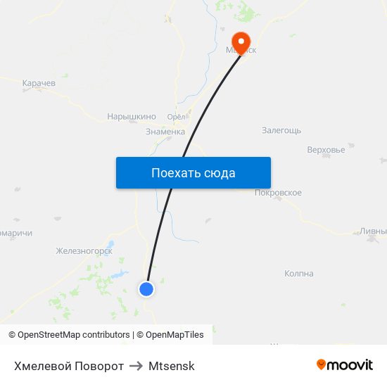 Хмелевой Поворот to Mtsensk map