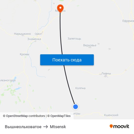 Вышнеольховатое to Mtsensk map