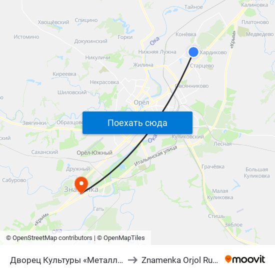 Дворец Культуры «Металлург» to Znamenka Orjol Russia map