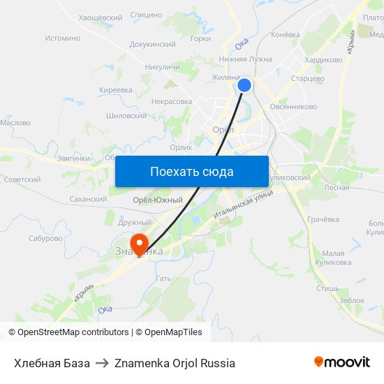 Хлебная База to Znamenka Orjol Russia map