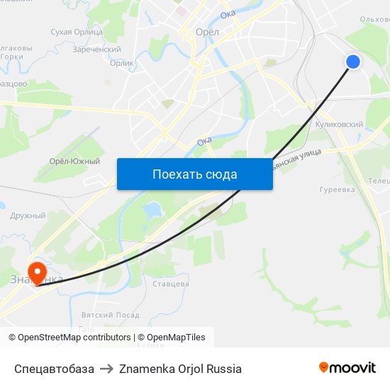 Спецавтобаза to Znamenka Orjol Russia map