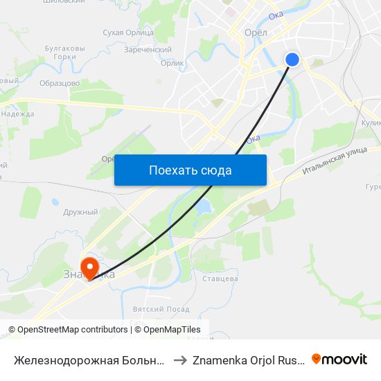 Железнодорожная Больница to Znamenka Orjol Russia map