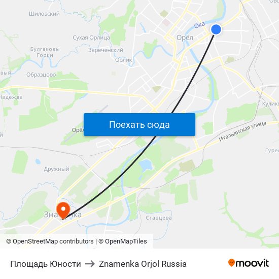 Площадь Юности to Znamenka Orjol Russia map