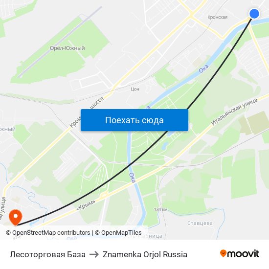 Лесоторговая База to Znamenka Orjol Russia map