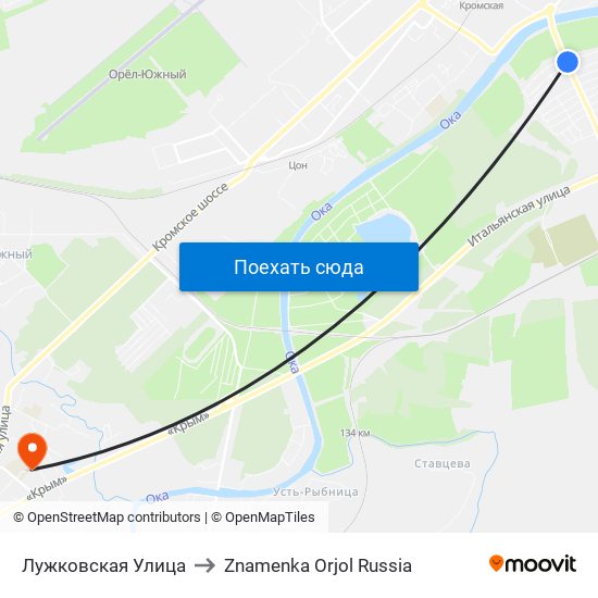 Лужковская Улица to Znamenka Orjol Russia map