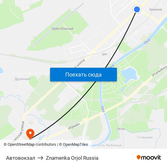 Автовокзал to Znamenka Orjol Russia map