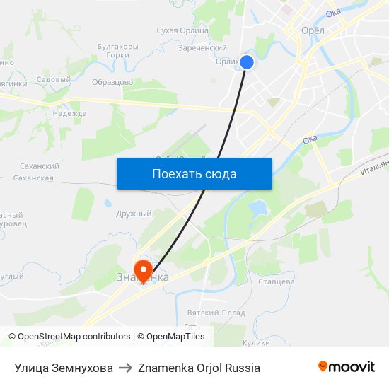 Улица Земнухова to Znamenka Orjol Russia map