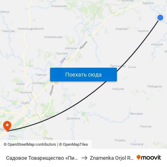 Садовое Товарищество «Пищевик» to Znamenka Orjol Russia map