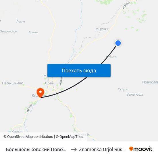 Большелыковский Поворот to Znamenka Orjol Russia map