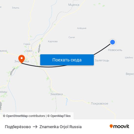 Подберёзово to Znamenka Orjol Russia map