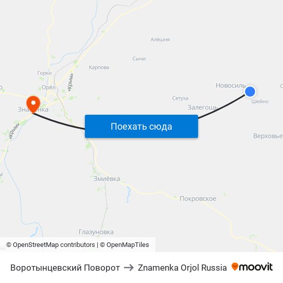 Воротынцевский Поворот to Znamenka Orjol Russia map