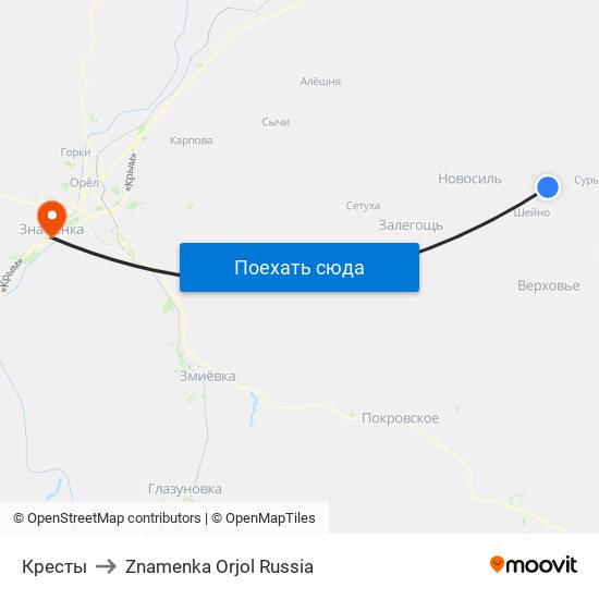 Кресты to Znamenka Orjol Russia map