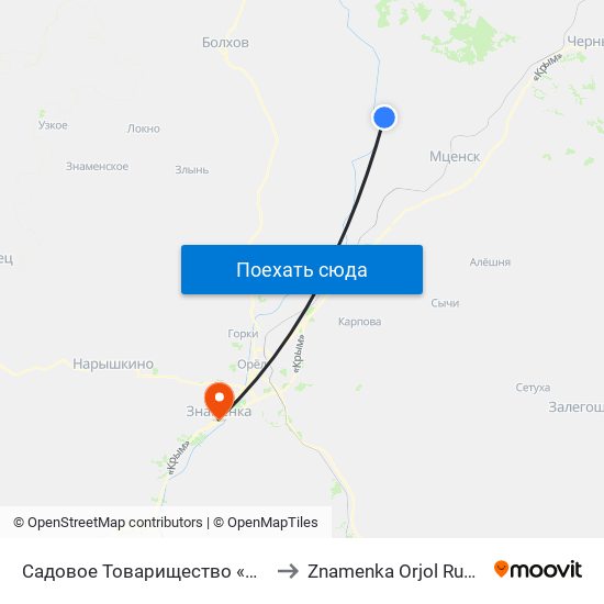 Садовое Товарищество «Ока» to Znamenka Orjol Russia map