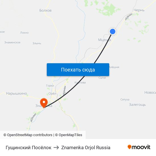 Гущинский Посёлок to Znamenka Orjol Russia map