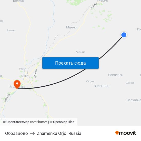 Образцово to Znamenka Orjol Russia map