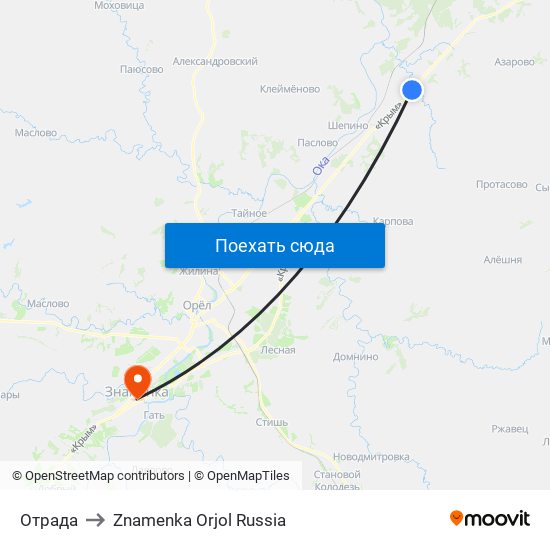 Отрада to Znamenka Orjol Russia map