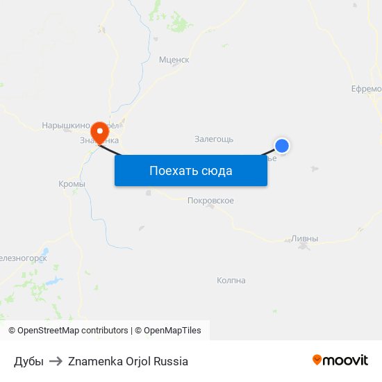 Дубы to Znamenka Orjol Russia map