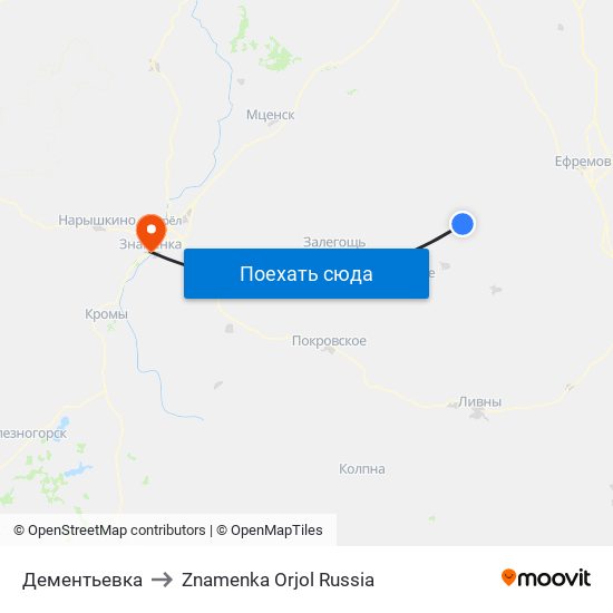 Дементьевка to Znamenka Orjol Russia map