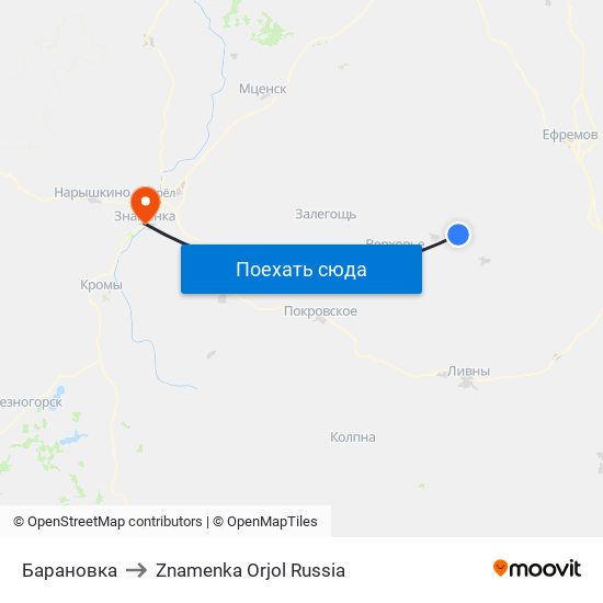 Барановка to Znamenka Orjol Russia map