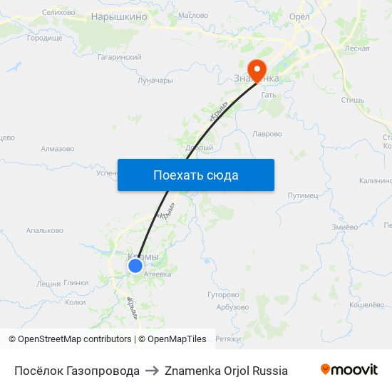 Посёлок Газопровода to Znamenka Orjol Russia map