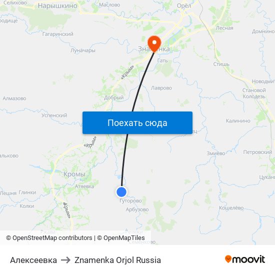 Алексеевка to Znamenka Orjol Russia map