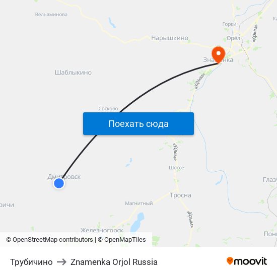 Трубичино to Znamenka Orjol Russia map