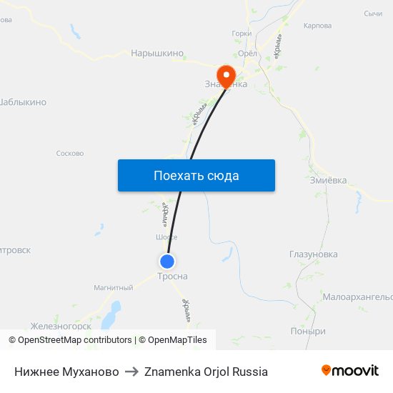 Нижнее Муханово to Znamenka Orjol Russia map