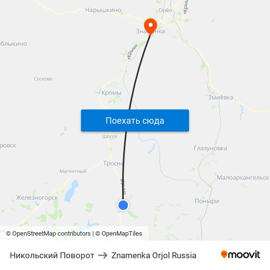 Никольский Поворот to Znamenka Orjol Russia map