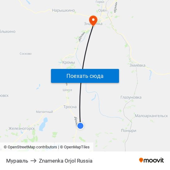 Муравль to Znamenka Orjol Russia map