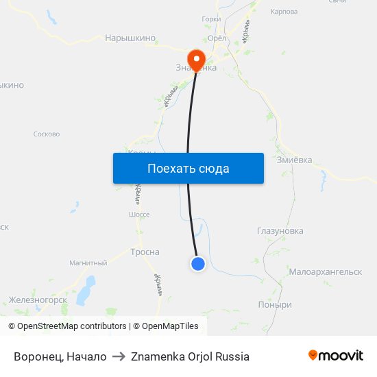 Воронец, Начало to Znamenka Orjol Russia map