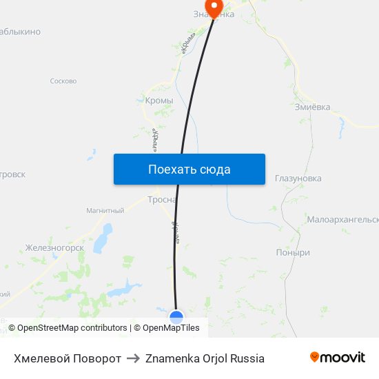 Хмелевой Поворот to Znamenka Orjol Russia map