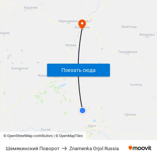 Шемякинский Поворот to Znamenka Orjol Russia map