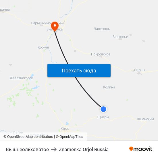 Вышнеольховатое to Znamenka Orjol Russia map