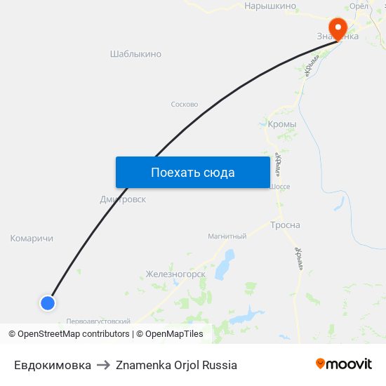 Евдокимовка to Znamenka Orjol Russia map