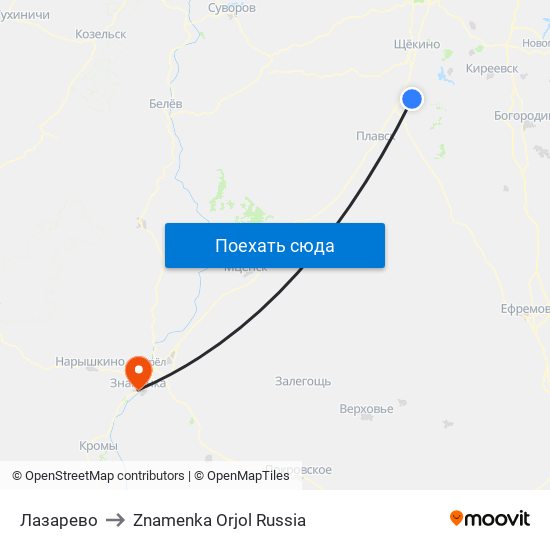 Лазарево to Znamenka Orjol Russia map
