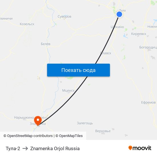 Тула-2 to Znamenka Orjol Russia map