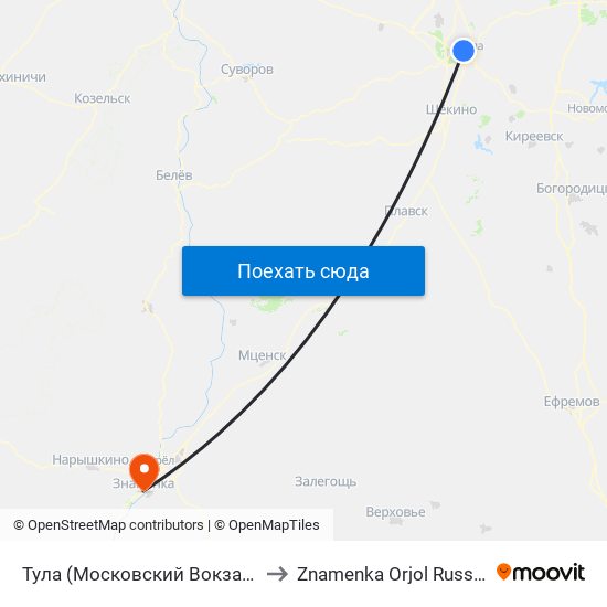 Тула (Московский Вокзал) to Znamenka Orjol Russia map