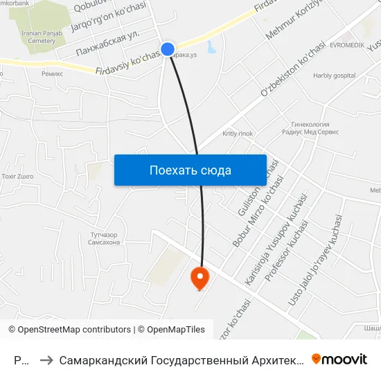 Pojarka to Самаркандский Государственный Архитектурно Строительный Институт (Самгаси) map